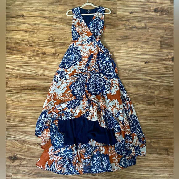 Lulus Dresses & Skirts - DEEP V LONG WRAP DRESS. BLUE WITH FLOWER PATTERN.